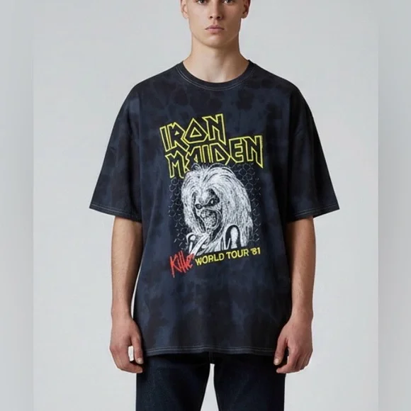 Iron Maiden “Killer Tour ‘81” Black Oil Wash Tie-Dye Oversized Cotton T-shirt M - Picture 1 of 9